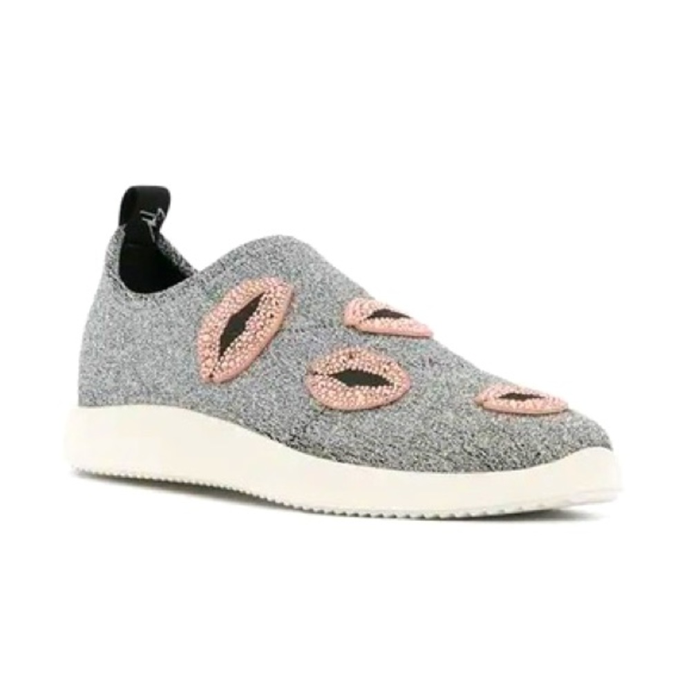 Giuseppe Zanotti Alena Silver Glitter Lips Stretch Slip On Sneakers Size…